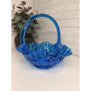 Vintage Fenton Glass Ruffled Rim Cobalt Blue Thumb Print Brides Basket w/Handle